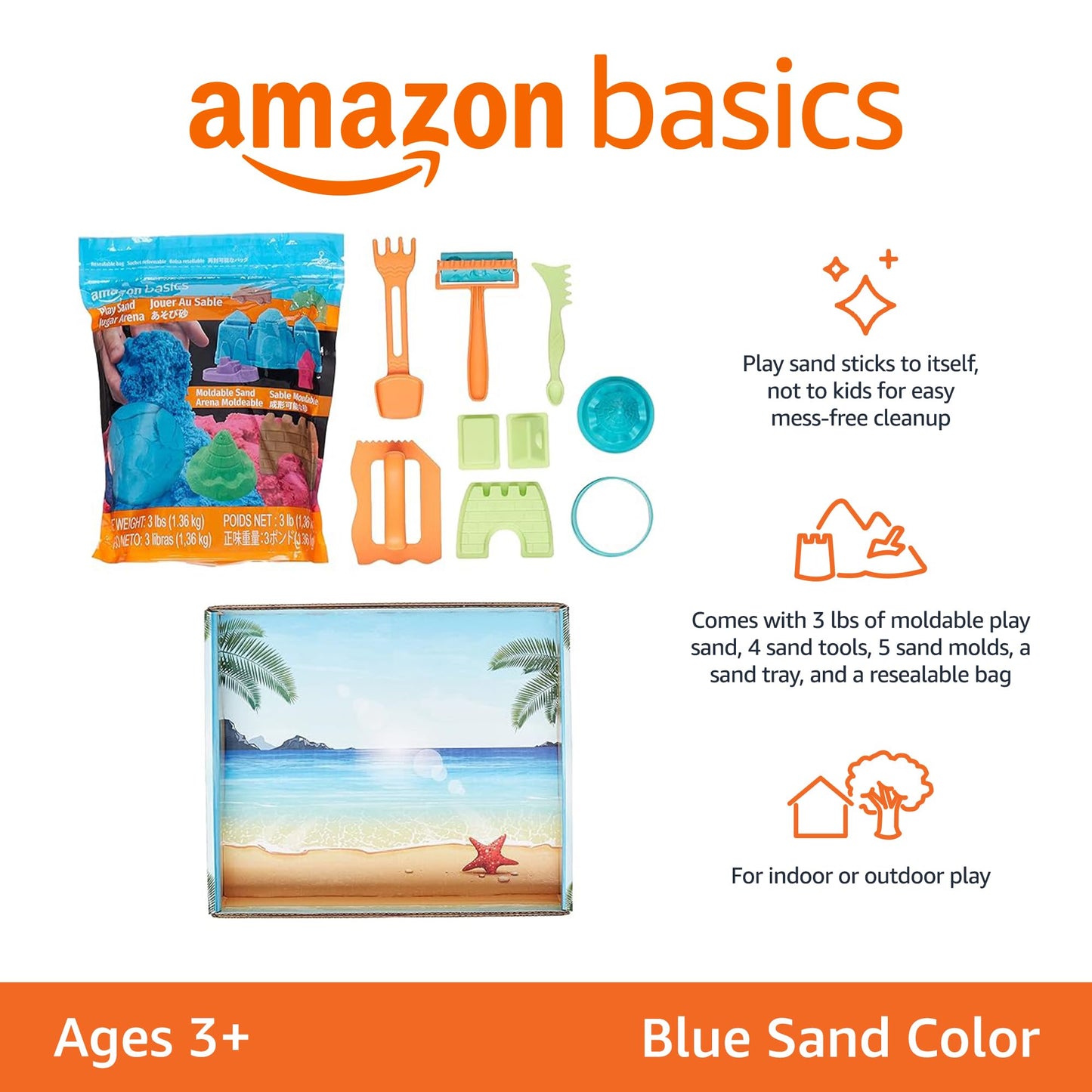 Amazon Basics 11 Piece Moldable Sensory Sand Toy Kit with Castle Molds and Tools, 3lbs Blue Color, for Kids Ages 3 and Up