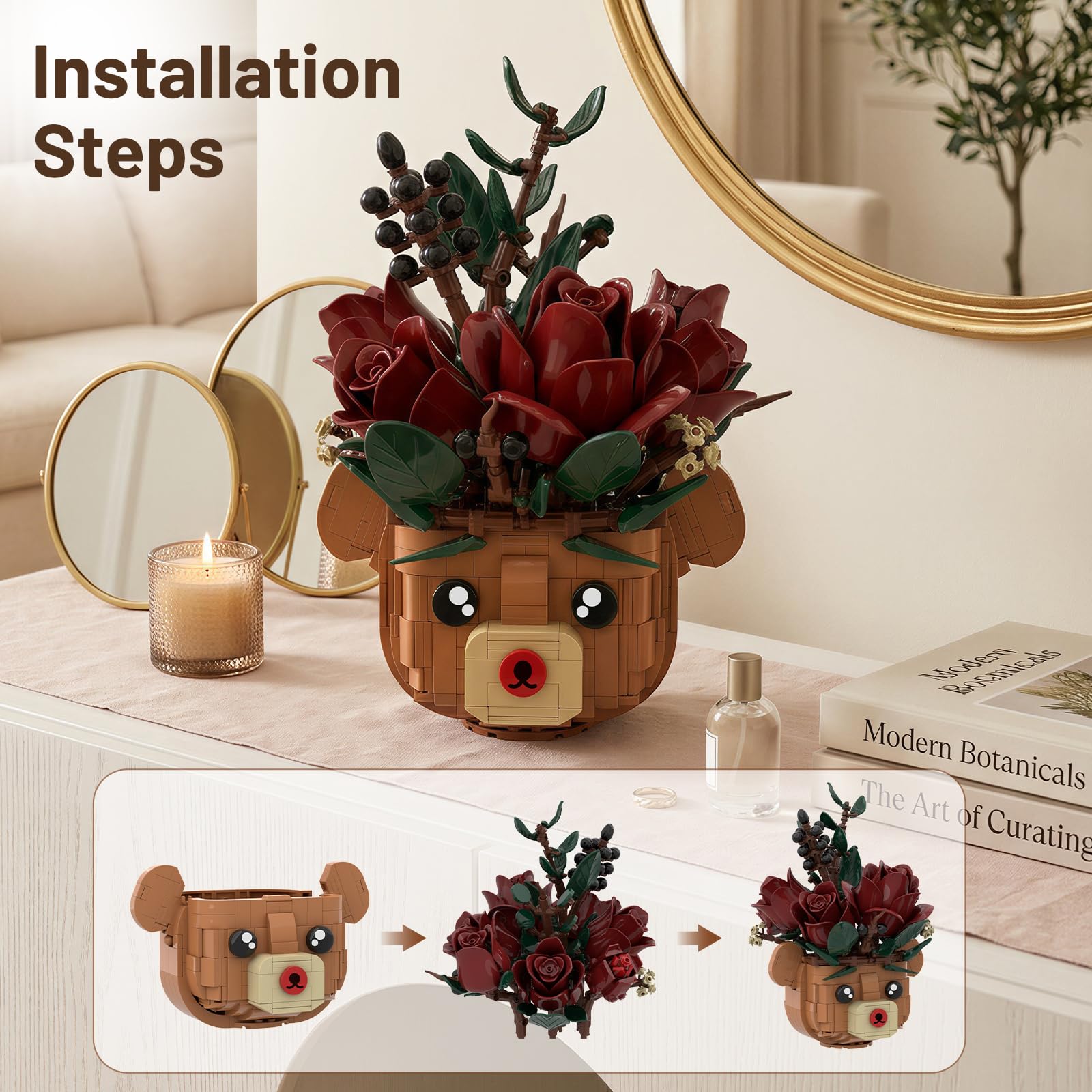 Rose Flower Bouquet Building Set with Bear Pot, Artificial Botanical Building Blocks Kit Compatible with Lego, Home Office Table Decoration, Romantic