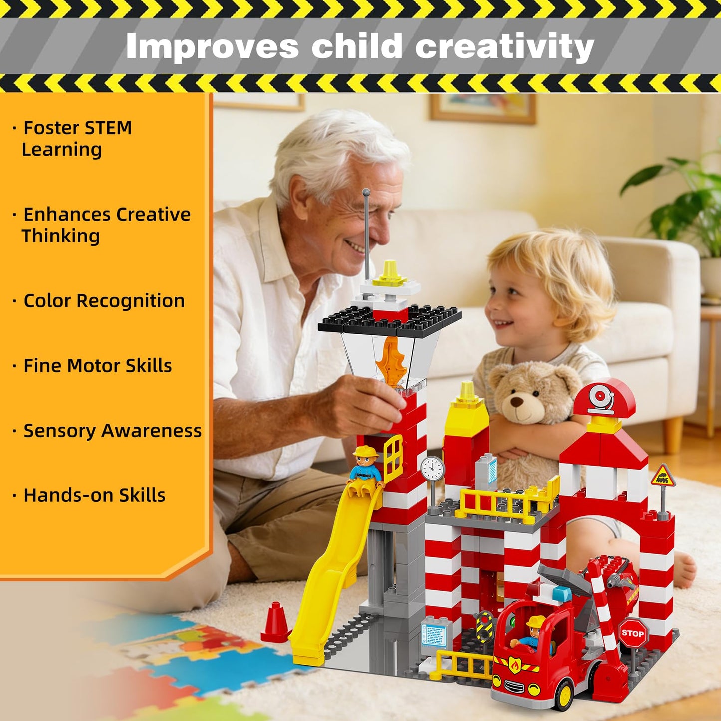 XENQITOYS Fire Station Playset, 144Pcs Classic Big Building Blocks Compatible with All Major Brand, Fire Station Toys, Fire Trucks for Toddlers 3-5