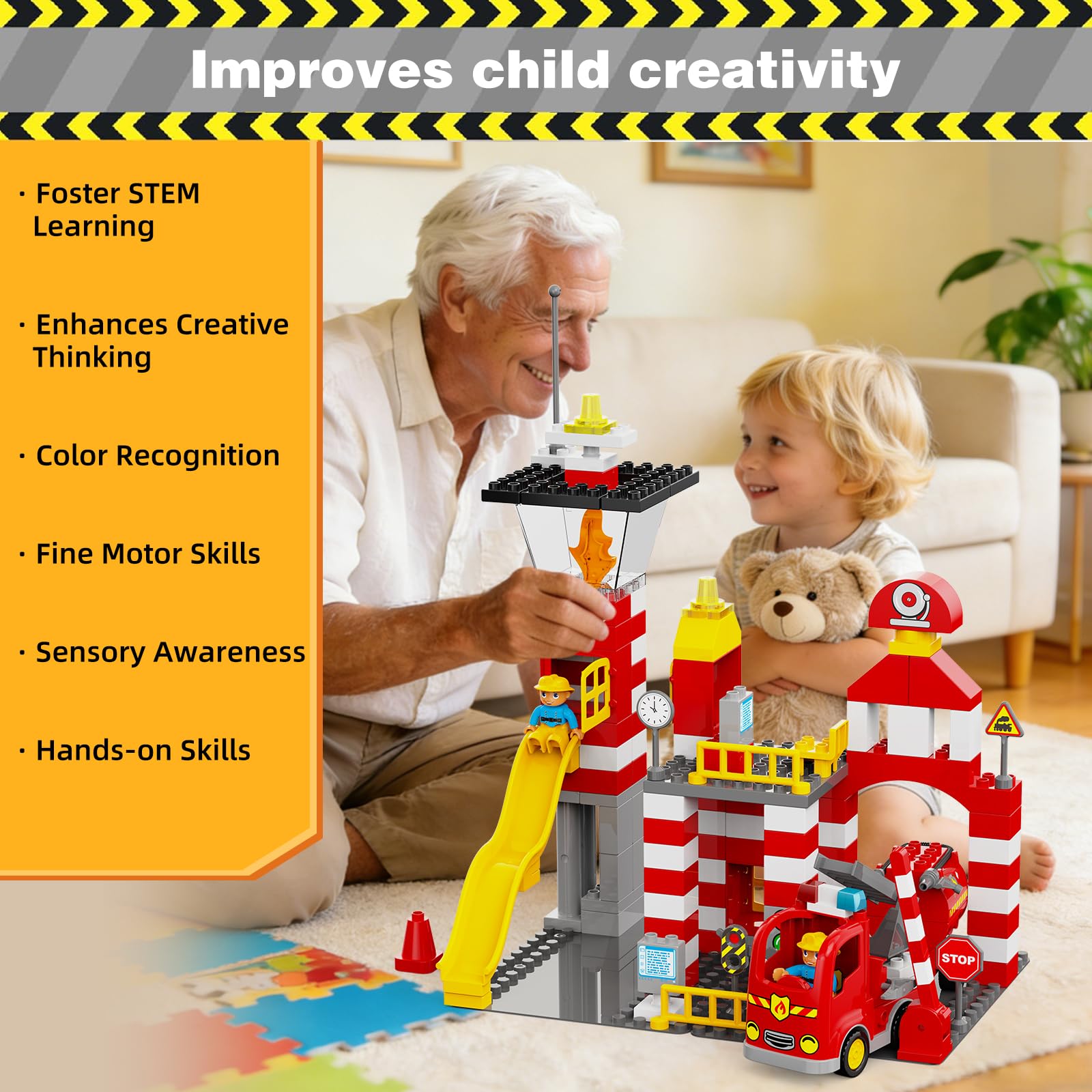 XENQITOYS Fire Station Playset, 144Pcs Classic Big Building Blocks Compatible with All Major Brand, Fire Station Toys, Fire Trucks for Toddlers 3-5