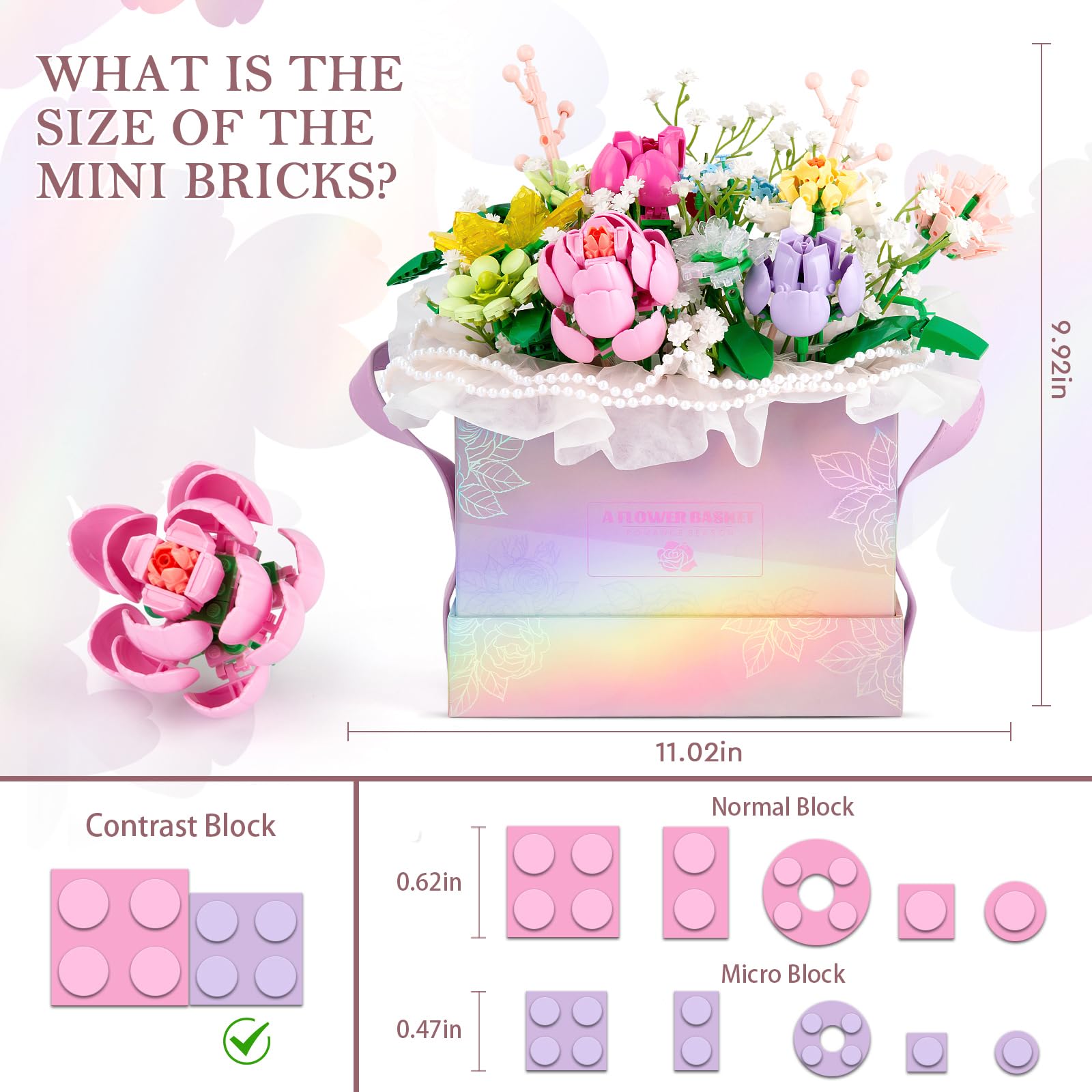 HIGH GODO Flowers Bouquet Building Set, Flowers Basket Building Blocks with Light, 706PCS Botanical Building Kit, Anniversaries Birthday for Women