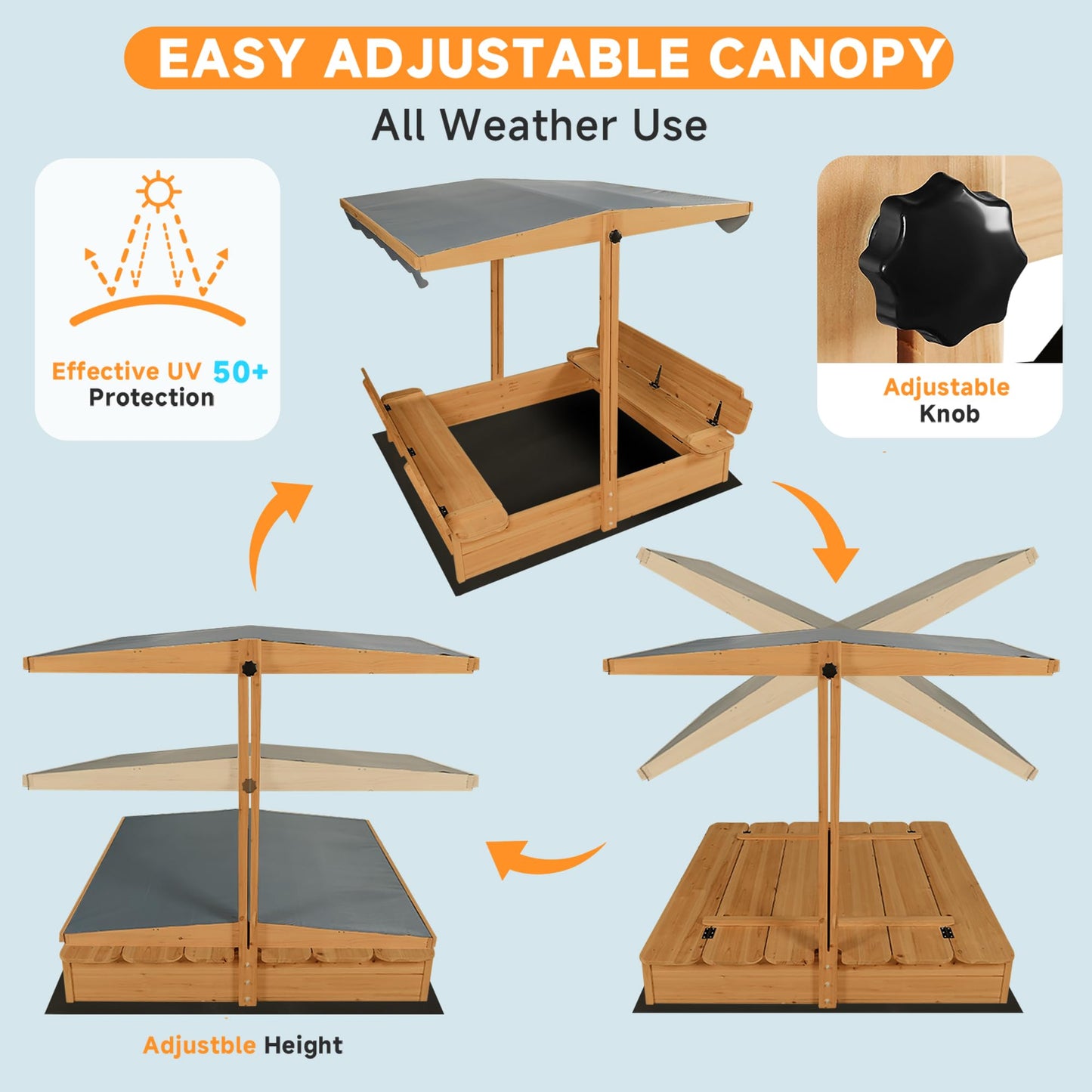 Large Wooden Sandbox Outdoor Sand Pit with Lid Cover Foldable Bench Seat Bottom Liner Sand Box for Garden Patio Beach Backyard Play Aged 3-12 Years