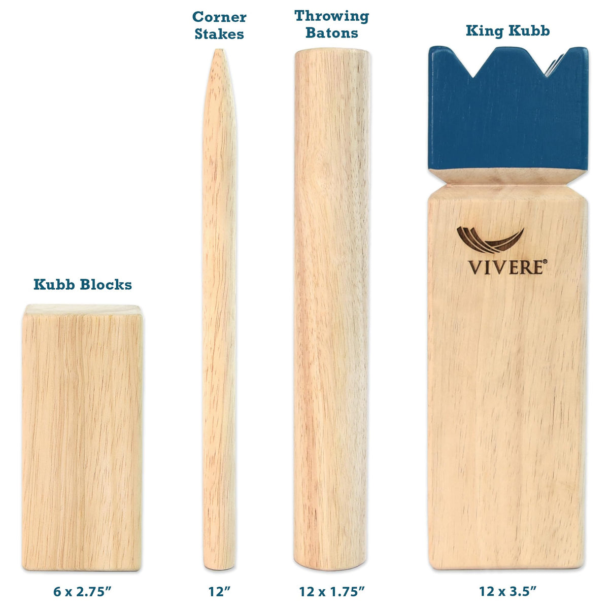 Vivere Kubb Yard Game Set Tournament Quality, Viking Chess Outdoor Clash Toss Yard Game with Carrying Case - Premium Rubber Wood with Corner Stakes