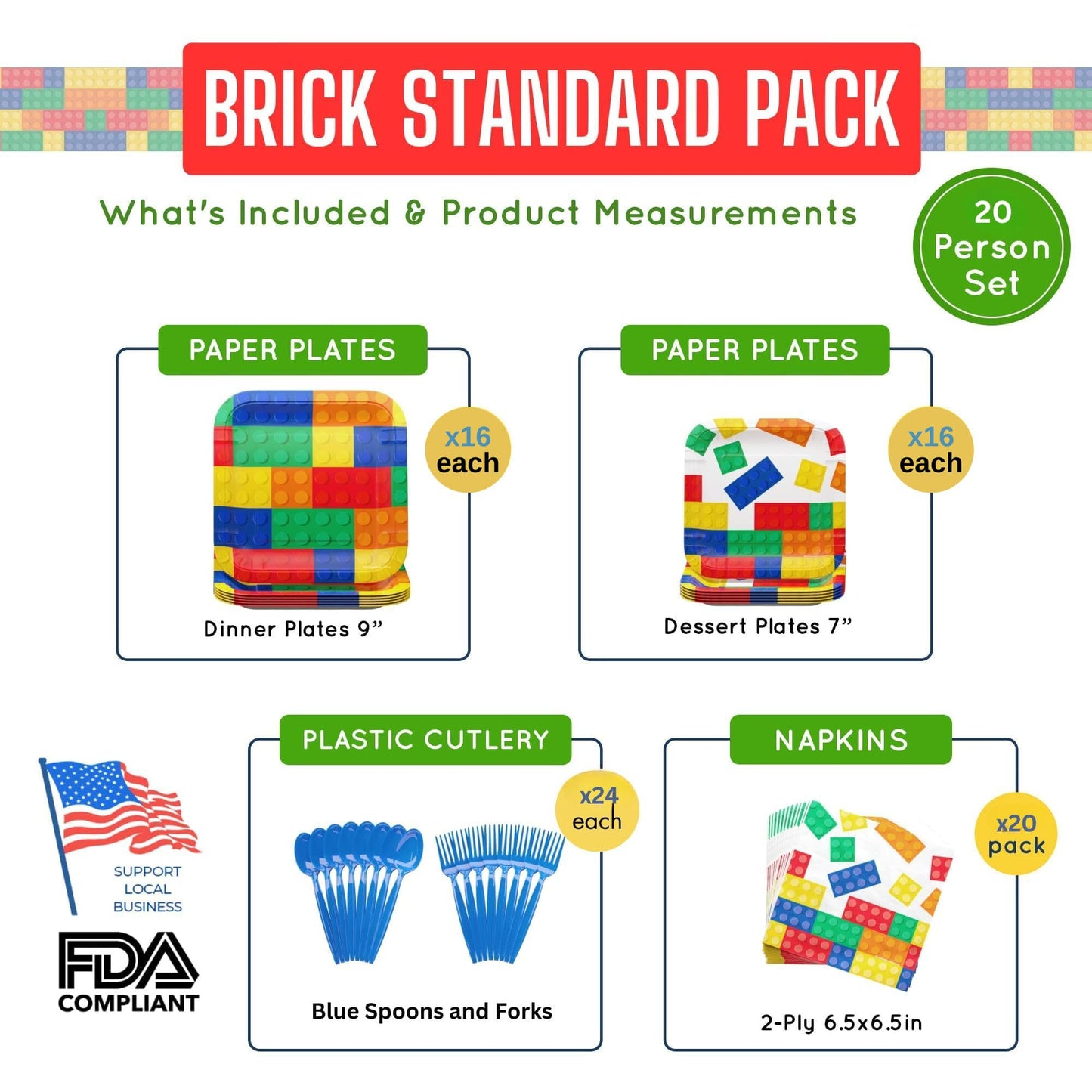 Blue Orchards Brick Party Supplies Packs (100 Pieces for 16 Guests) - Building Block, Gaming Birthday Decorations, Gamer Blocks Decor, Brick Theme