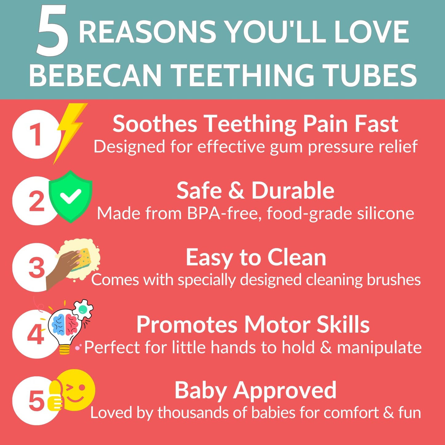 Bebecan Teething Sticks for Babies 36+ Months - Super Soft Silicone Teething Aids, Infant Oral Soothing Relief Back Molars, Multicolor 6-Pack