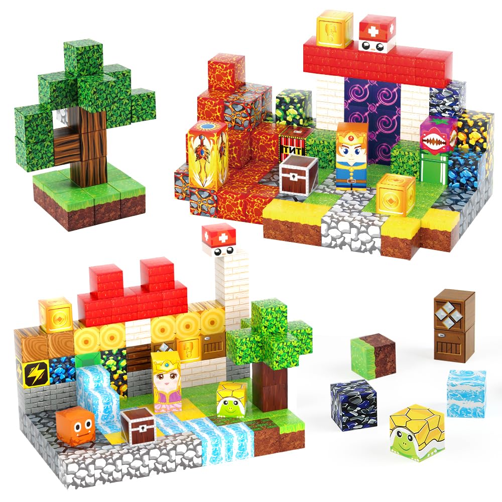 FXLYNAF Magnetic Blocks, 200-Piece 0.8in Build Knight&Princess Magnet Game Set, Stacking Building Blocks Cubes Magnets for Kids, STEM Sensory Creative