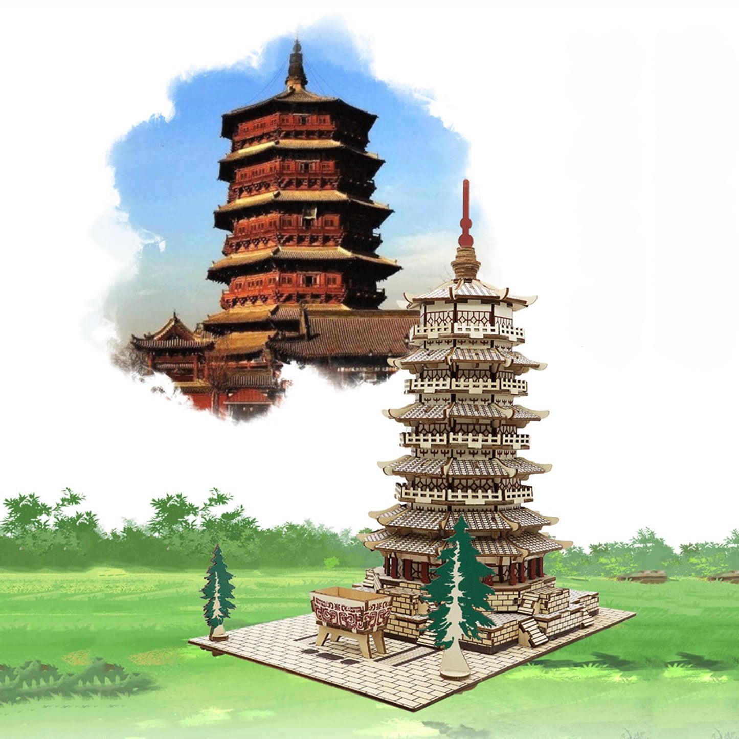 3D Puzzle Wooden Craft Kits,Temple Building 3D Wooden Puzzle Model,3D Puzzles for Adults DIY Model Building Kit,Age 15+ Assembly Home Decors DIY Brain