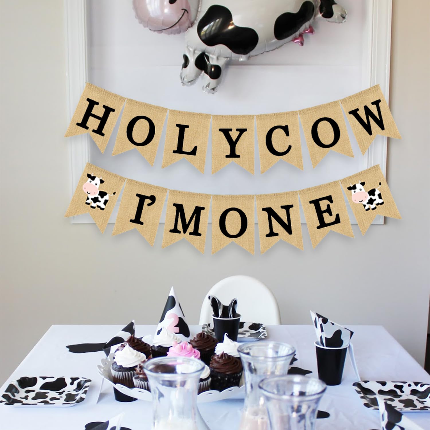 Holy Cow I'm One Banner Farm 1st Birthday Party Decoration Barnyard Burlap Garlands Western Boy Girl First Birthday Supplies Black