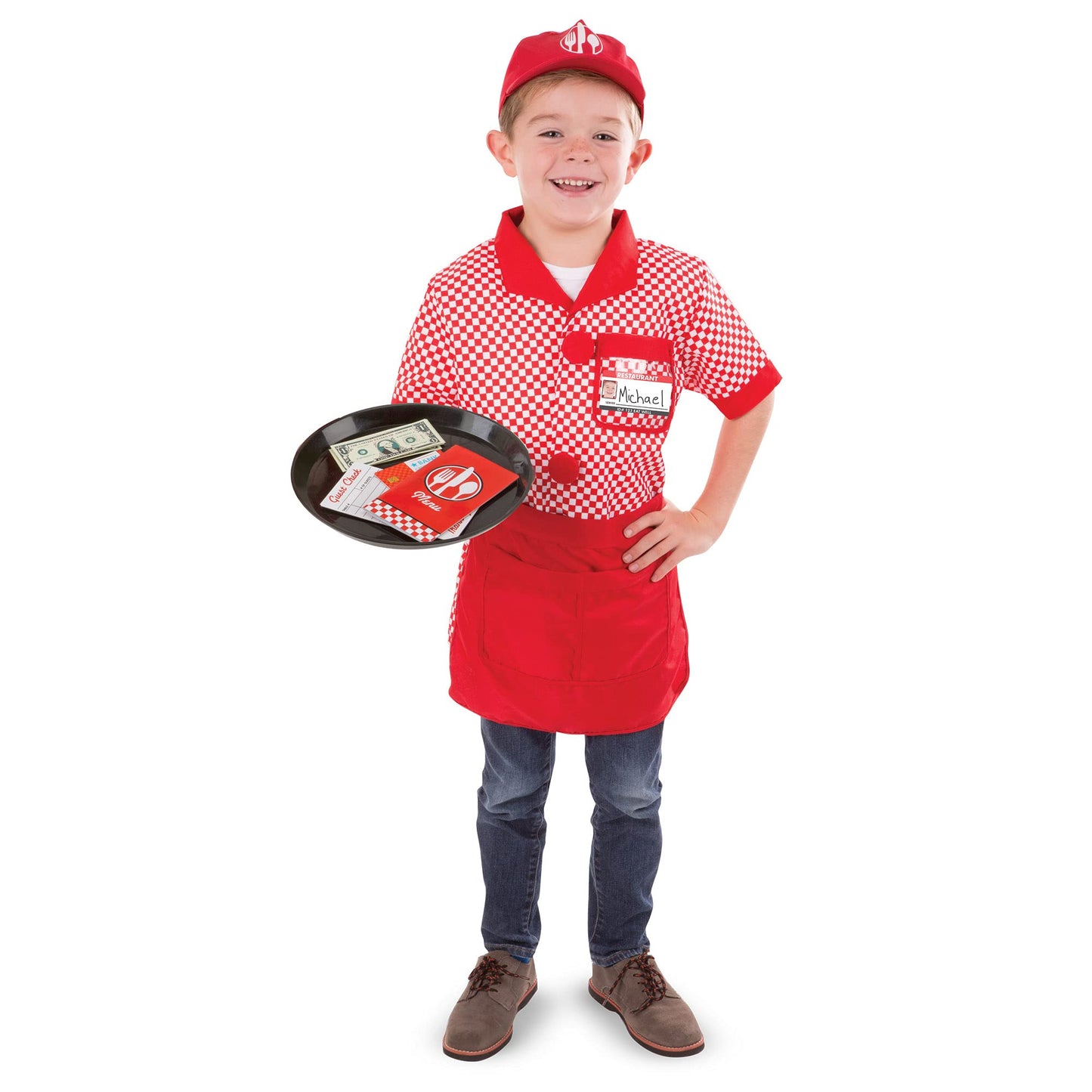 Melissa & Doug Server Costume, Pretend Play Dress Up Set (9-Pc) Shirt, Apron, Menu & Accessories, Role Play Toys for Kids 3+