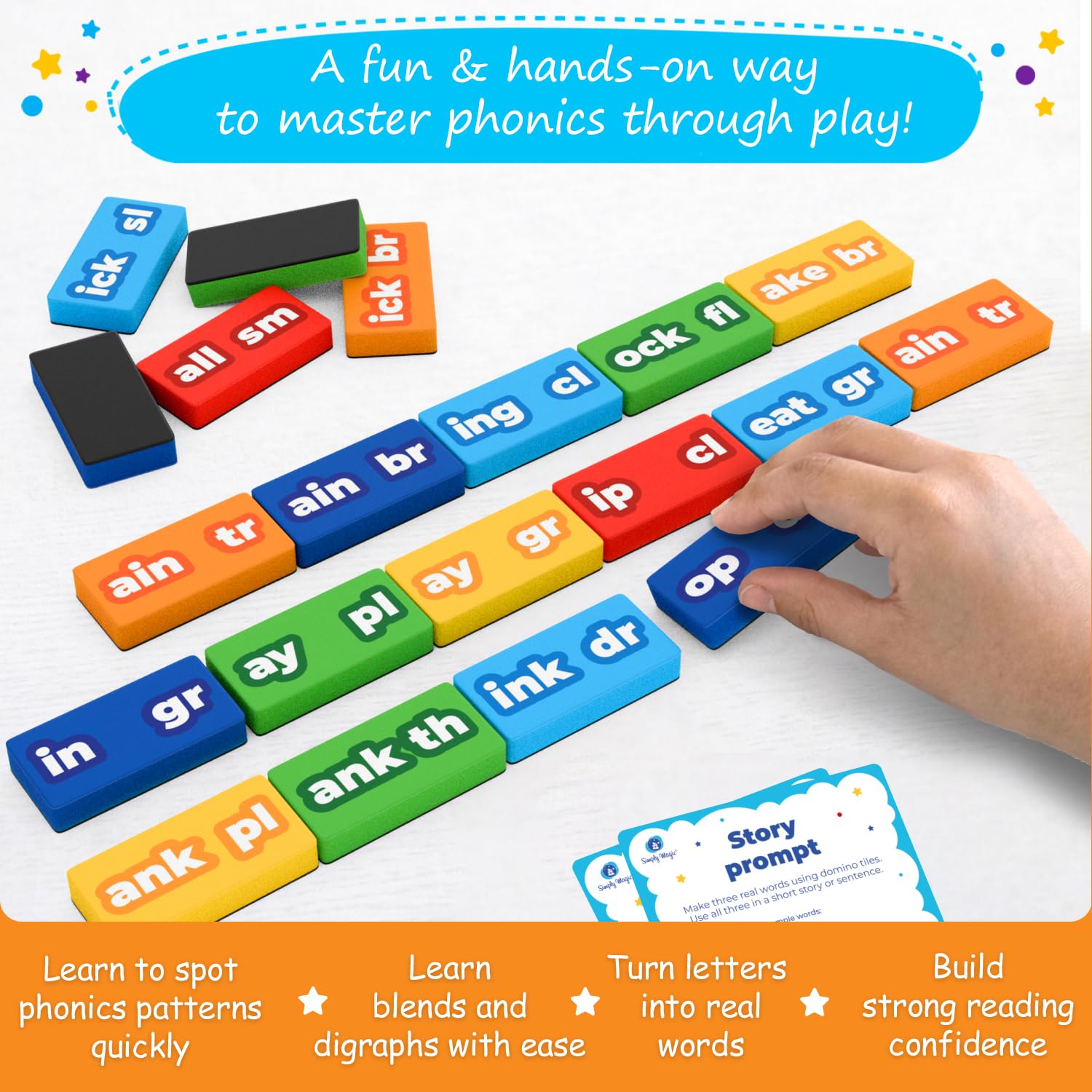 Simply Magic 122 PCS Magnetic Phonics Dominoes - Blends and Digraphs, Phonics Games for Kids, Phonics Manipulatives, Phonics Magnetic Letter Tiles