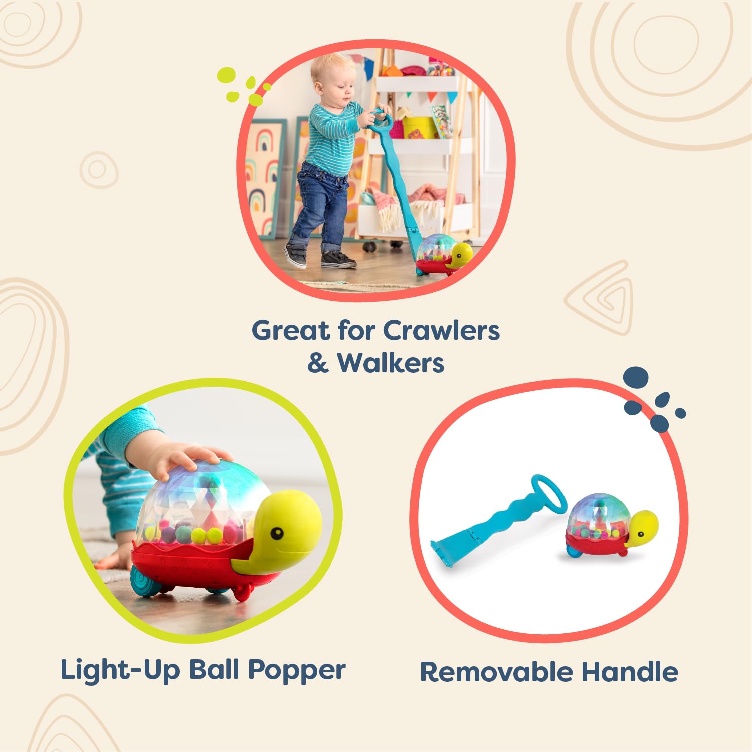 B. toys - Ball Popper & Walker - Push Toy for Baby, Toddler - Light-Up Turtle Toy for Crawling Or Walking - Removable Handle - 1 Year + - Walk ‘n’