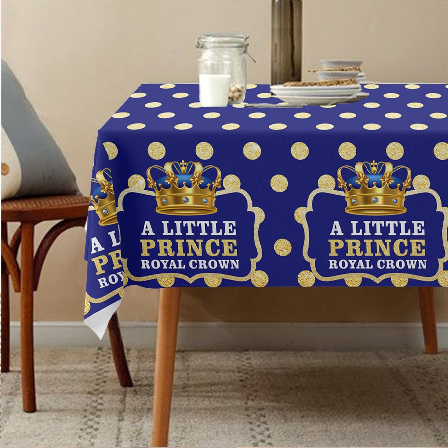 Junliang A Little Prince Royal Crown Tablecloth Blue Gold Dot Sequin Printed Table Cover Decoration for Little Prince Theme Party Kids Boy Baby Shower