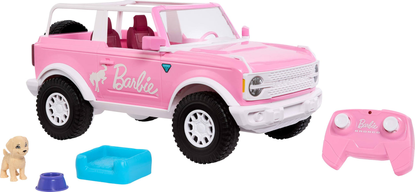 Hot Wheels RC Barbie Ford Bronco Remote-Control Toy Car, RC Vehicle with Puppy Accessory, Dog Bed & Bowl, Plus Stickers for Customization, Fits 2