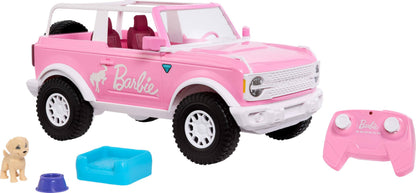 Hot Wheels RC Barbie Ford Bronco Remote-Control Toy Car, RC Vehicle with Puppy Accessory, Dog Bed & Bowl, Plus Stickers for Customization, Fits 2