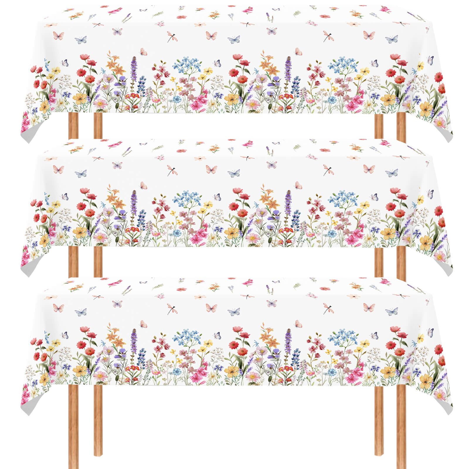 3 Pcs Wildflower Tablecloth Spring Summer Floral Table Cover for Butterfly Wildflowers Theme Picnic Dining Holiday Weeding Baby Shower Birthday Tea