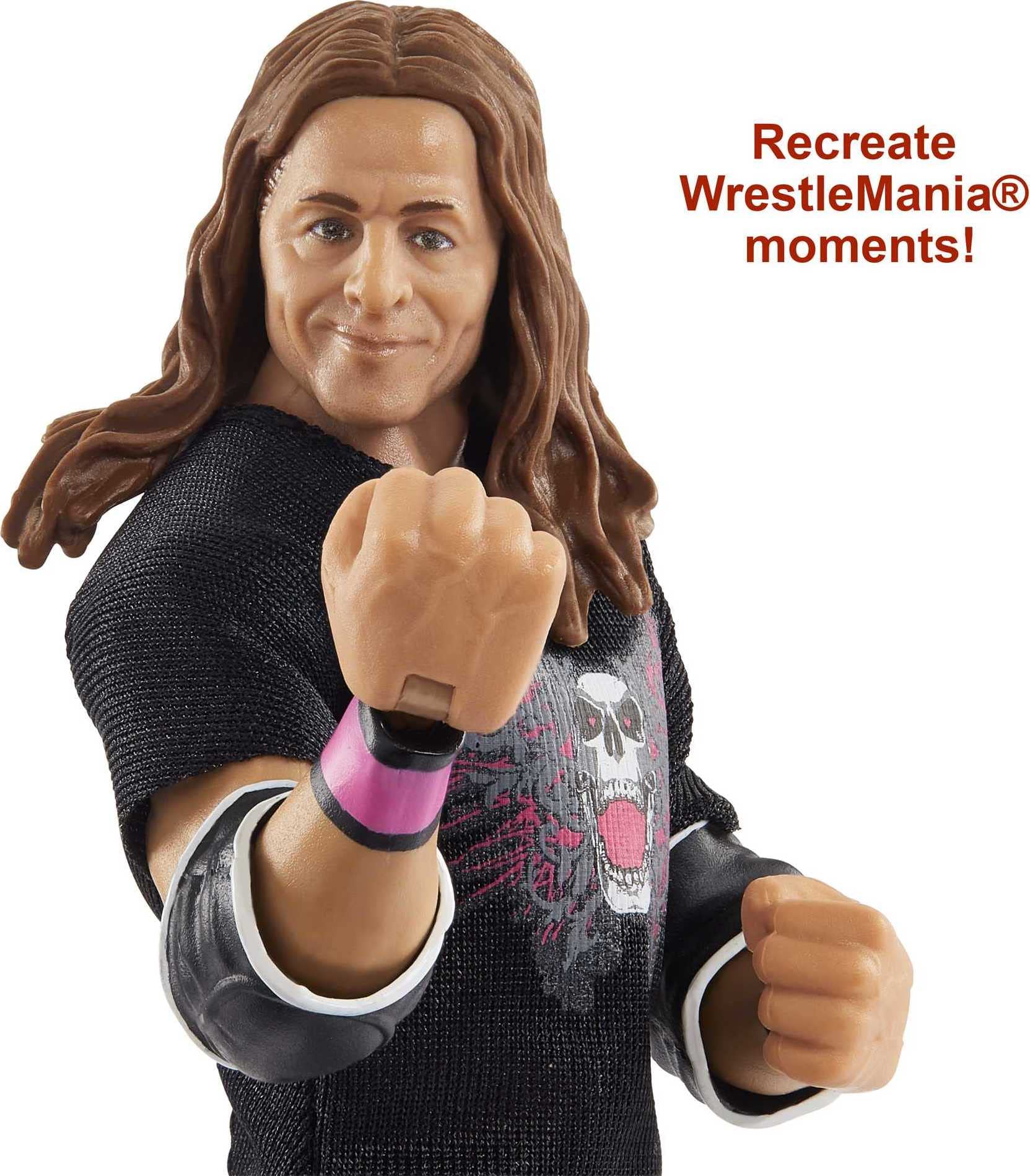 Mattel Bret “Hit Man” Hart WrestleMania Action Figure with entrance shirt & Vince McMahon Build-A-Figure Pieces, 6-in Posable Collectible Gift