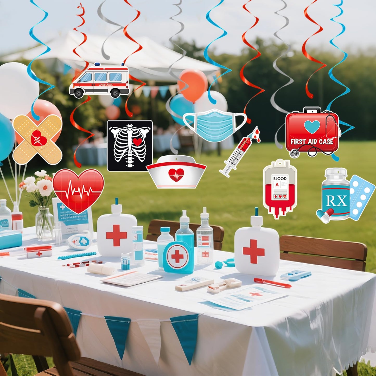 44 Pcs Medical Hanging Swirls Decorations, 20 Hospital-Themed Ceiling Foil Swirl Ornaments with Ambulance, RX, Syringe, Nurse Cap, First Aid Icons