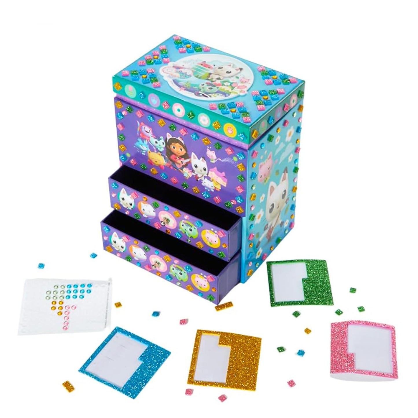 Dreamworks Gabby’s Dollhouse DIY Jewelry Box - Craft Kit Bundle with Mosaic Tiles, Adhesive Gems, and 3D Foam Sticker Plus More | Gabby's Dollhouse