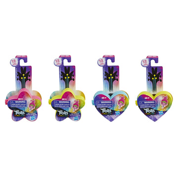Trolls DreamWorks World Tour Tiny Dancers Surprise 4-Pack Series 1, Tiny Dancers Dolls, Clips, Rings, and Glasses, Toy for Kids 4 and Up (E9133)