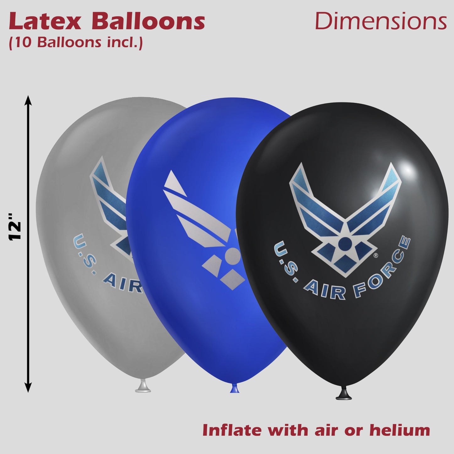 U.S. Air Force Party Balloons - 10 pcs 12 in Latex balloons in Officially Licensed Air Force Logos - Metallic Silver, Blue & Black balloons