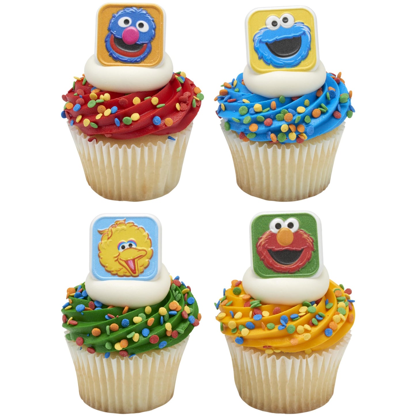 Sesame Street Rings, 24 Cupcake Toppers Featuring Elmo, Big Bird, Cookie Monster, Grover, Bright Colorful Cupcake Decorations, Food Safe - 24 Pack