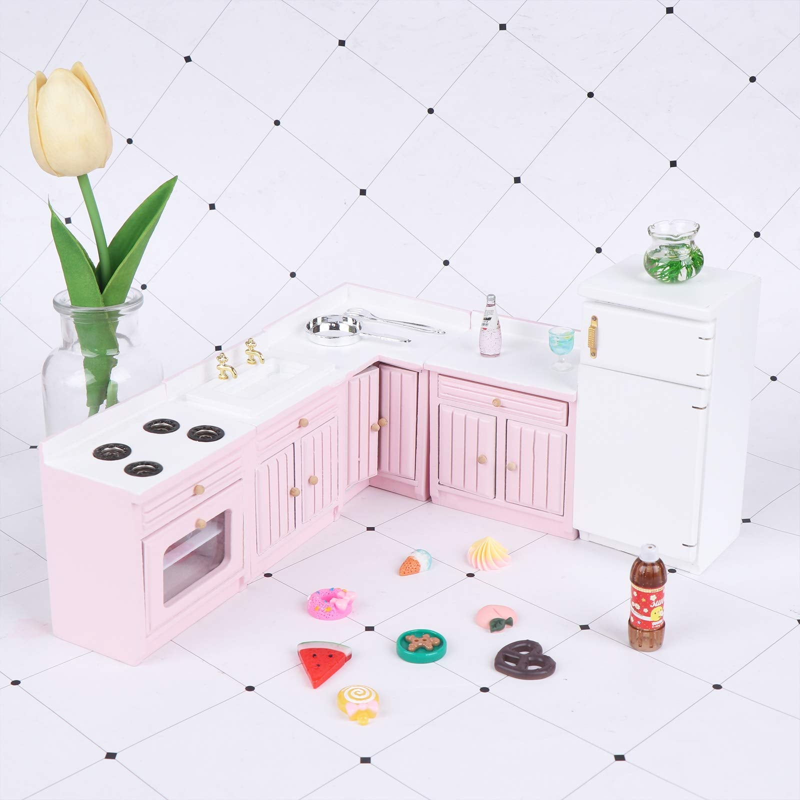 Haomian 1:12 Scale Dollhouse Kitchen Furniture Set, Pink Wooden Miniature L-Shaped Kitchen Cabinets with Fridge Sink Stove, Doll House Kitchen