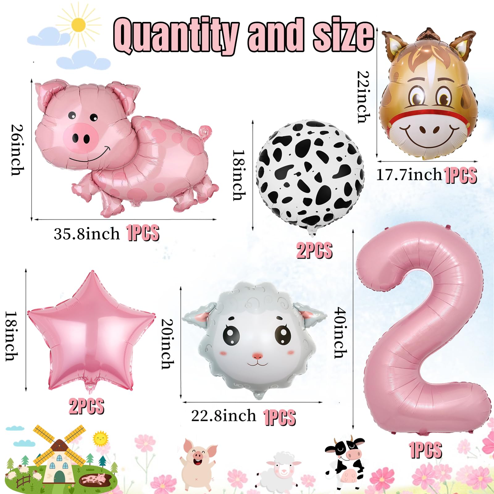 19 PCS Farm Animal Theme Party Balloons, Farm Cow Print Sheep Pig Donkey Mylar Foil Balloons Baby Shower Boy Girl 2nd Birthday Party Decor Supplies