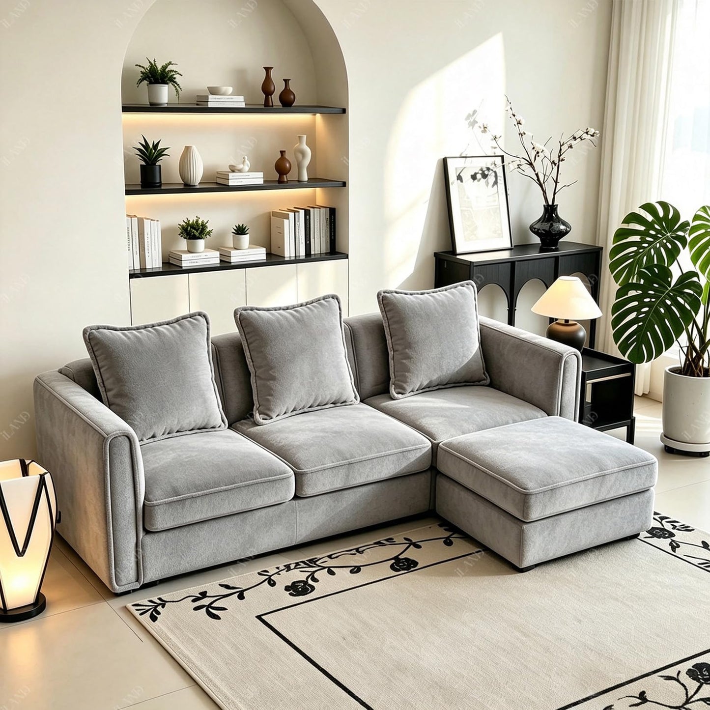 iLAND Dollhouse Furniture Sectional Dollhouse Couch Set Light Grey Velvet Sofa, Miniature Chair Doll House Furniture, Modern 1/12 Scale Miniature