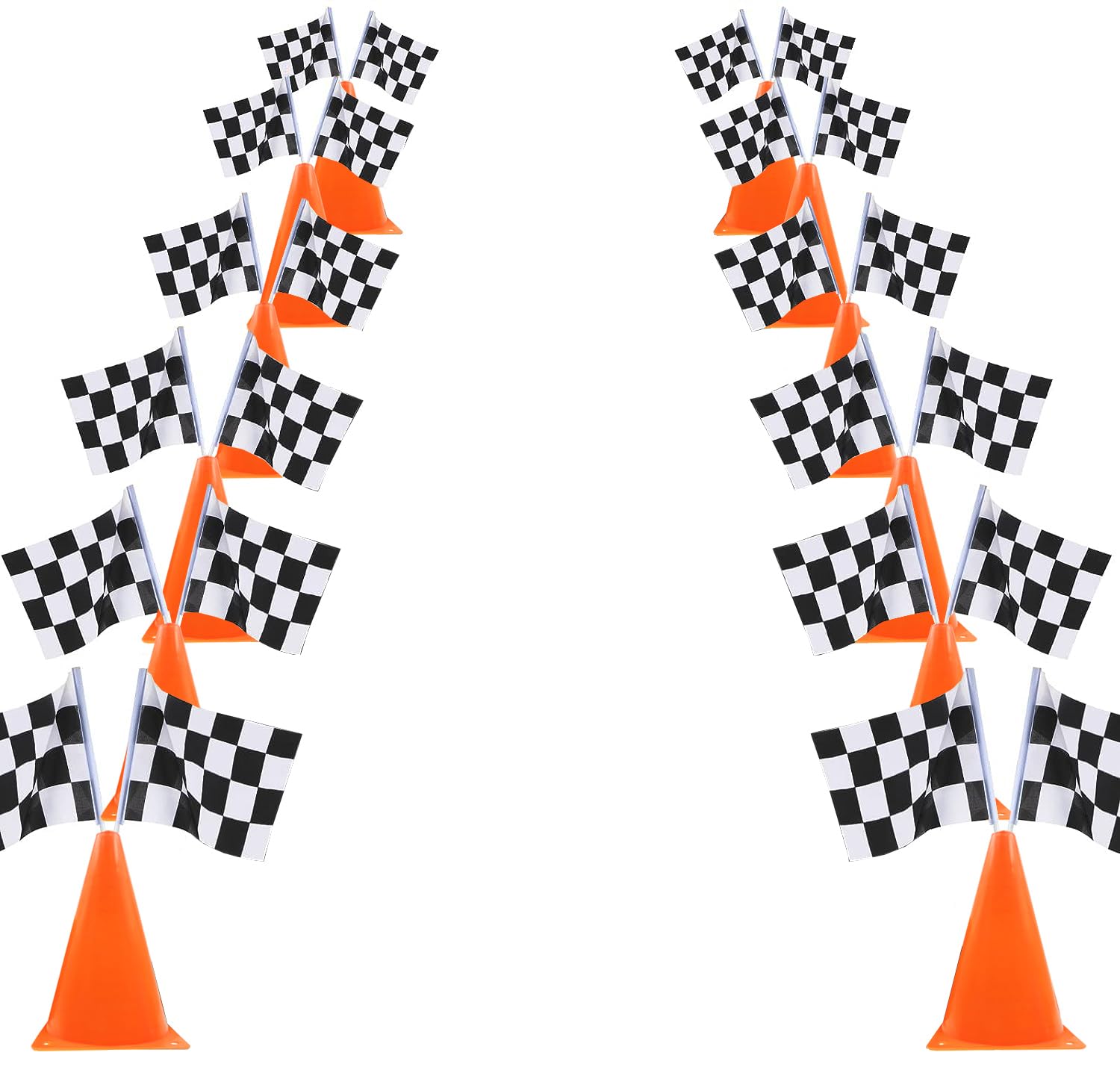 YOELVN 6 Pack 7inch Orange Race Cones with Holes on Top,12 Pack Checkered Flags,Racing Car Birthday Party Decorations,Two Fast Centerpieces,Race Cars