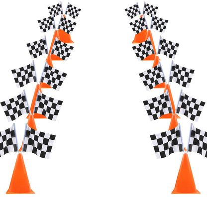 YOELVN 6 Pack 7inch Orange Race Cones with Holes on Top,12 Pack Checkered Flags,Racing Car Birthday Party Decorations,Two Fast Centerpieces,Race Cars