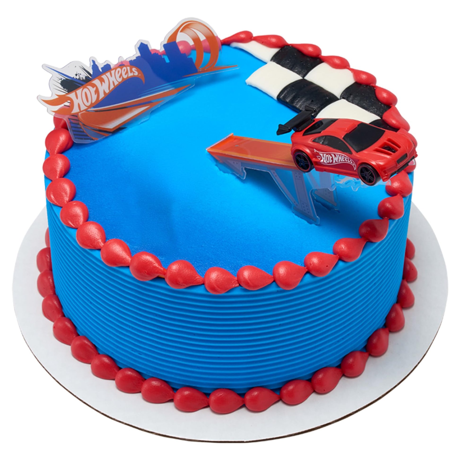 DecoSet® Hot Wheels™ Supreme Speed Cake Topper, Car Cake Decoration Set with Vehicle cake topper, Ramp and Background Pics, 3 Piece Set | For Birthday