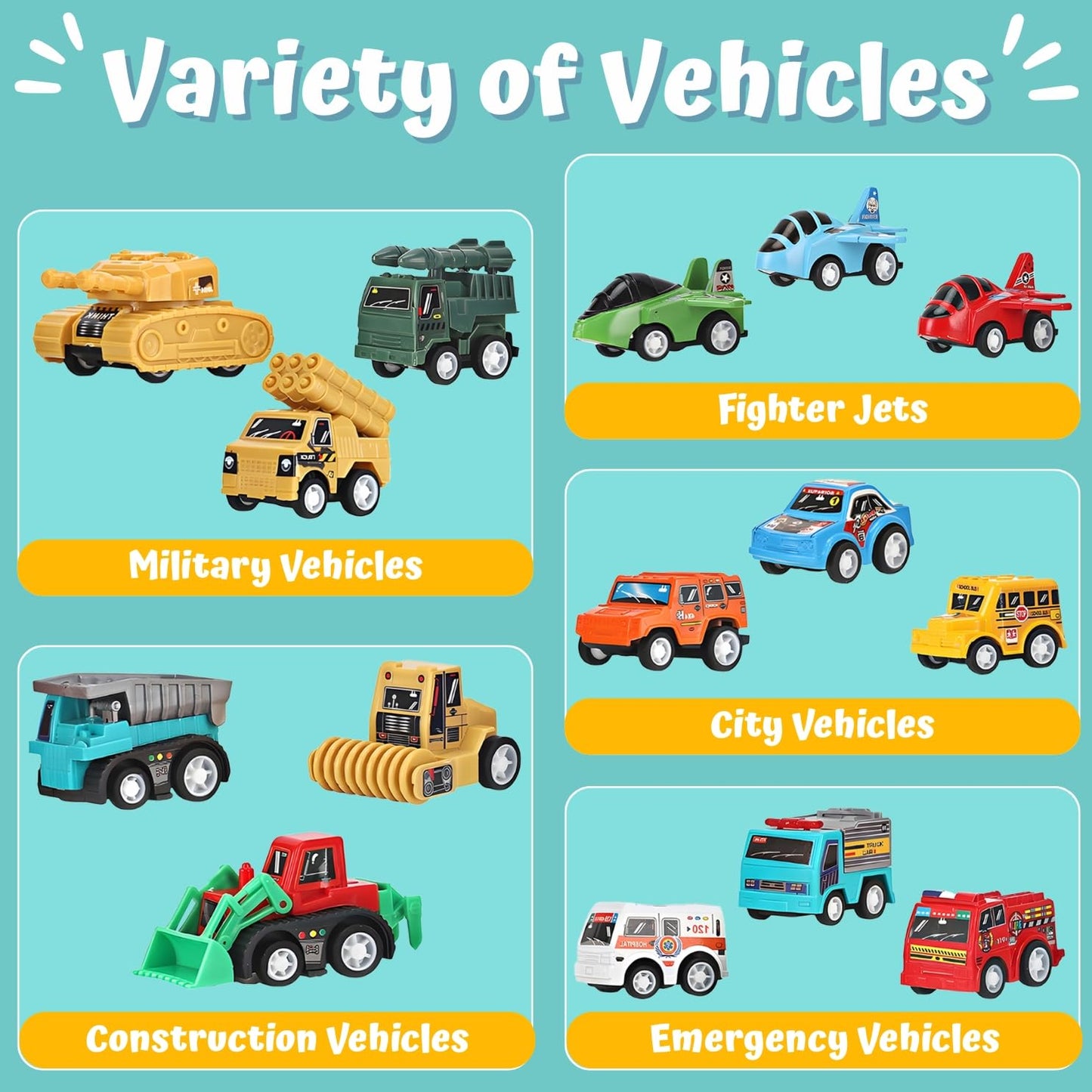 36 Pieces Pull Back Cars and Trucks Toy Set - Mini Pocket Vehicles, Fighter Jets, Construction, Race Cars & Military Toys - Bulk Party Favors