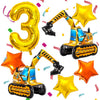 Construction Balloons, Self Standing 4D Excavator Balloon, Golden and Orange Star Balloon, Number 3 Foil Balloons for Kids 3rd Birthday Party