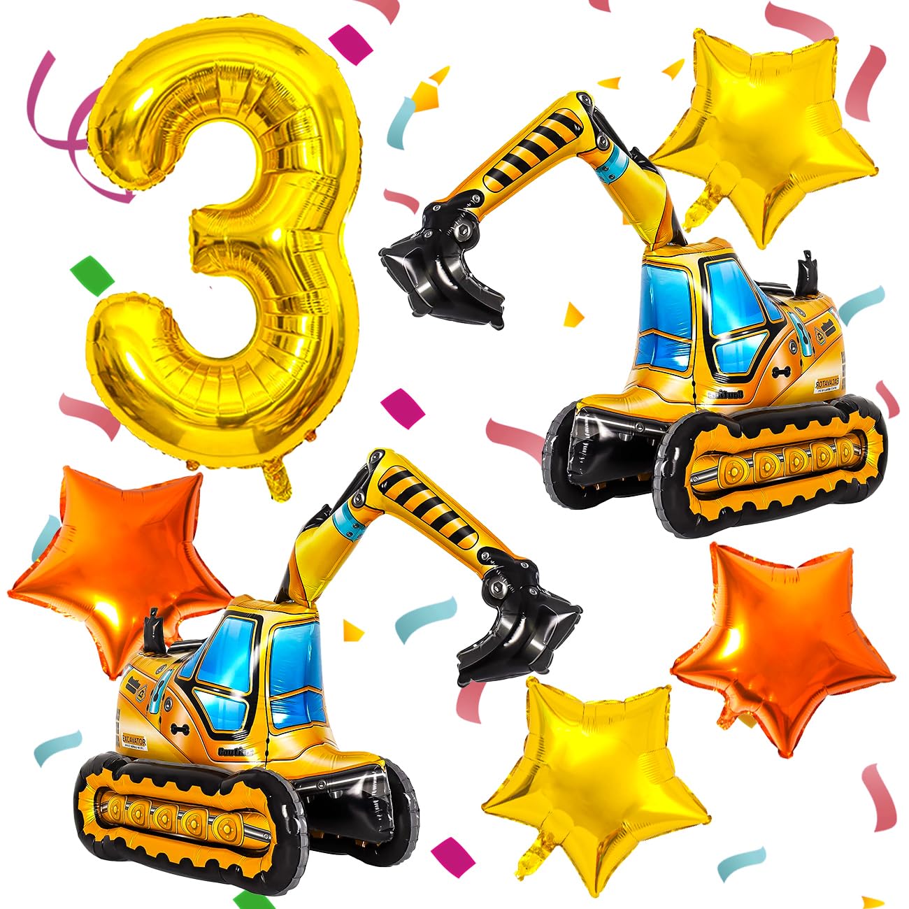 Construction Balloons, Self Standing 4D Excavator Balloon, Golden and Orange Star Balloon, Number 3 Foil Balloons for Kids 3rd Birthday Party