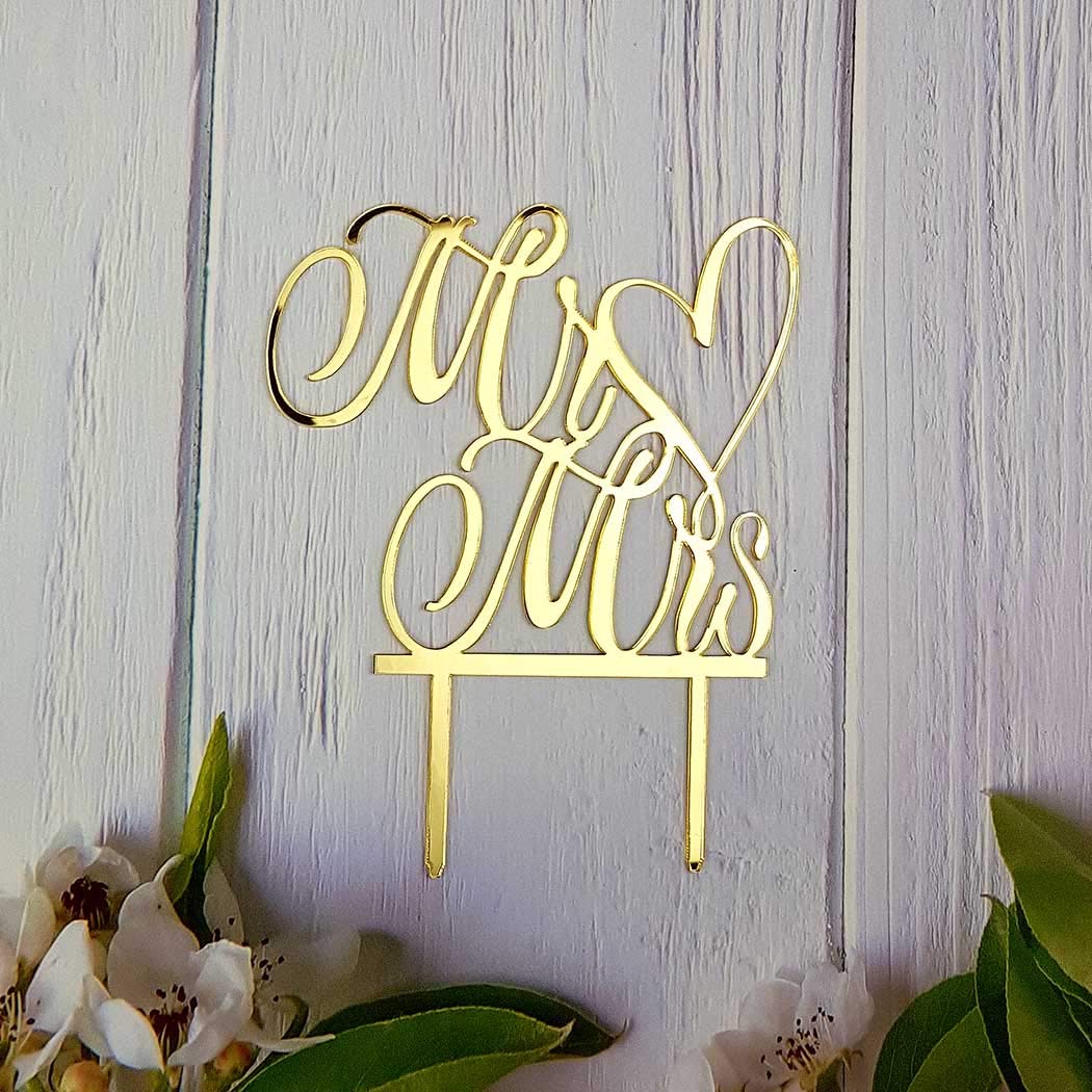 Mr and Mrs Cake Topper, Bride and Groom Sign Wedding, Engagement Cake Toppers Decorations (Mirror Gold Acrylic)