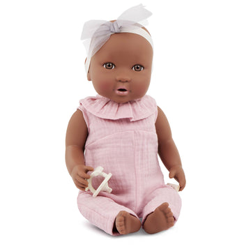 LullaBaby - 14-Inch Realistic Baby Doll - Brown Eyes, Warm Skintone & Soft Huggable Body - Pink Jumper Outfit with Bow Headband - Removable Clothes