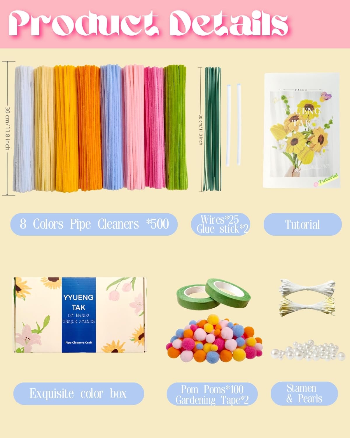 YYUENG TAK 500 Pcs Dopamine Colors Pipe Cleaners Flower kit,Chenille Stems for DIY Art Projects Creative Gift,Pipe Cleaners Craft