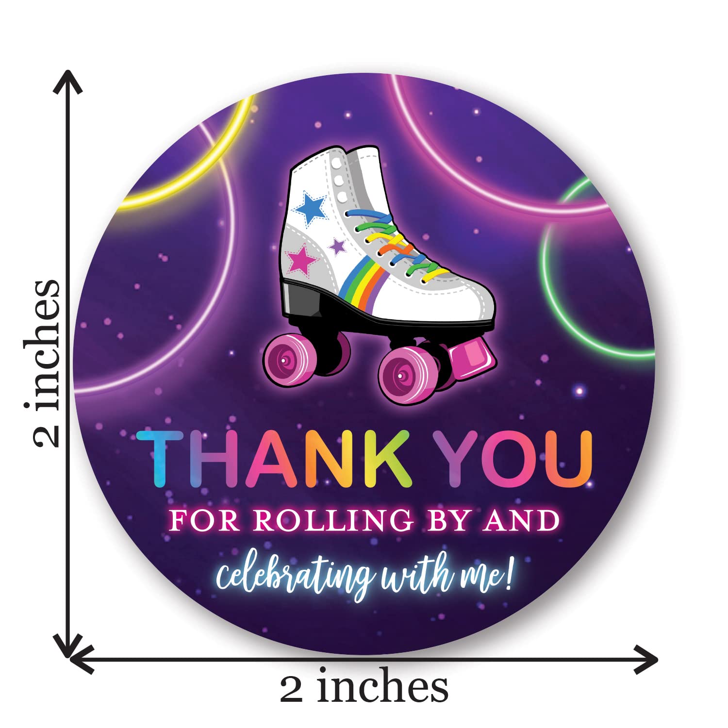 2"" Round Neon Rainbow Glow Roller Skating Thank You Party Favor Stickers - Set of 40