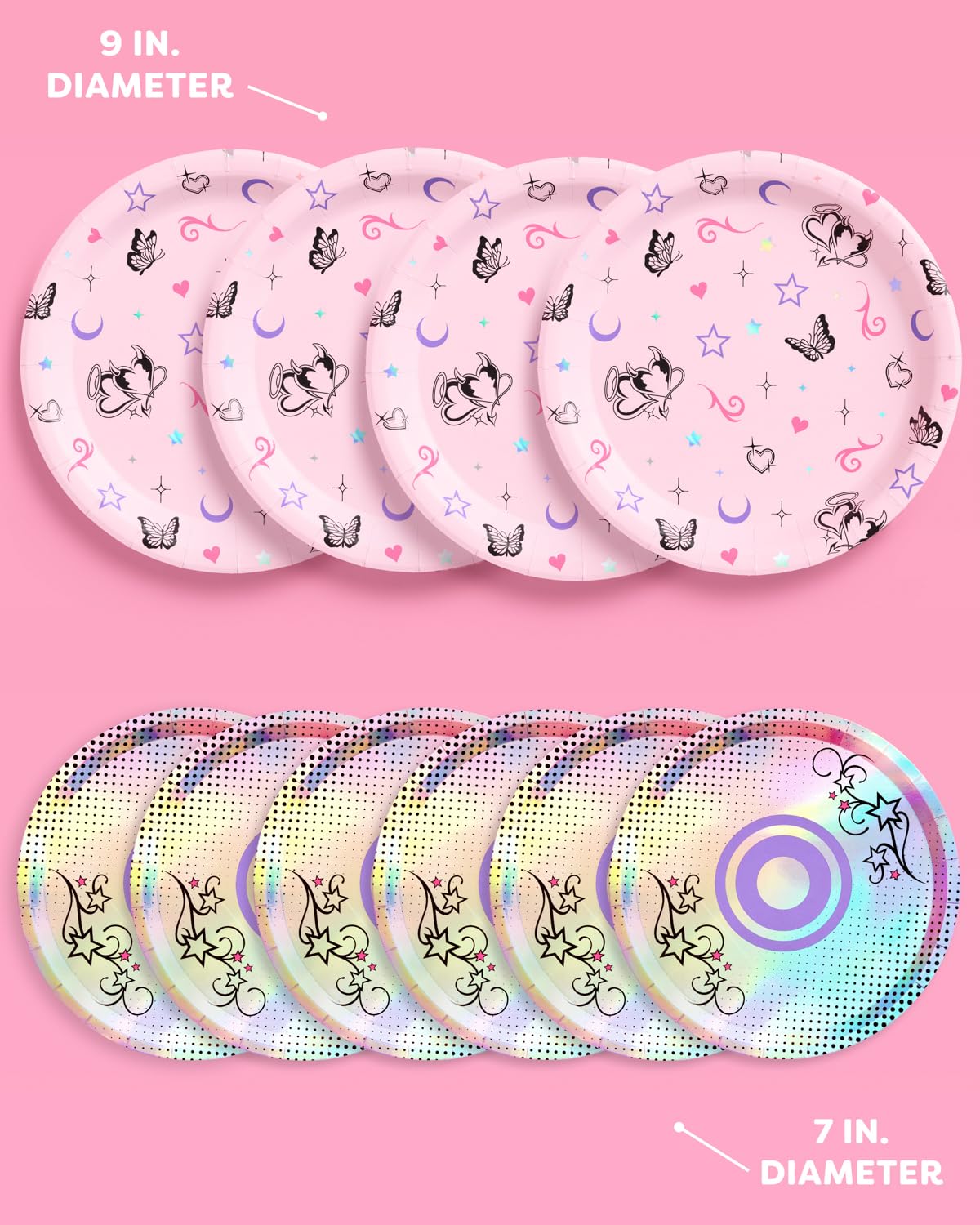 xo, Fetti Y2K Plate Set - 32 Paper Plates, 16 9" plates + 16 7" plates | Birthday Party, Retro CD 90s 2000s Theme, Butterfly, Iridescent Foil, Pink