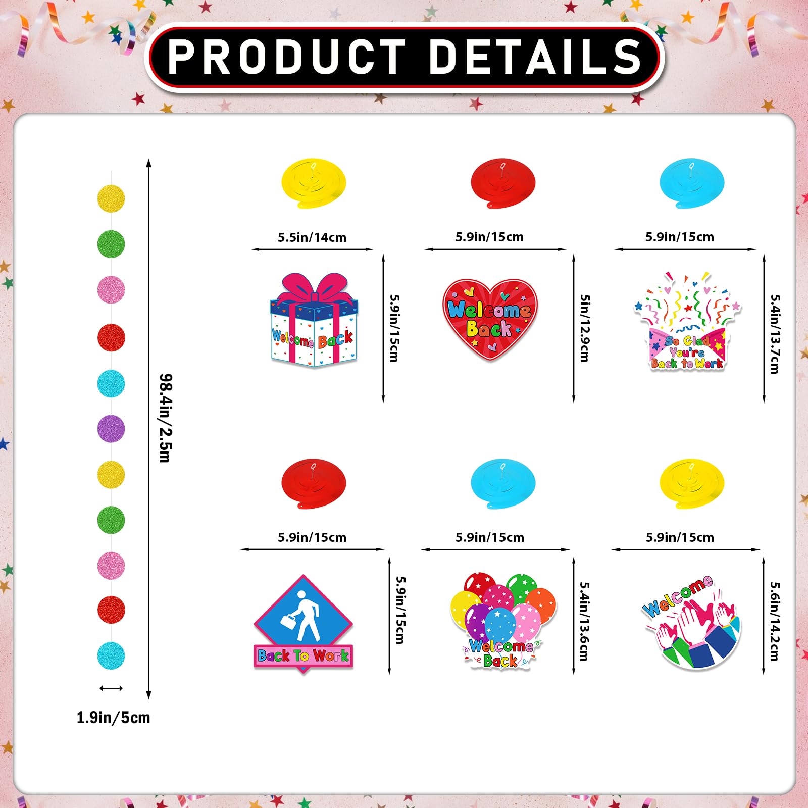 Welcome Back Decorations for Office Welcome Back to Work Decorations with Black Glitter Banner Circle Dots Garland Hanging Swirls Pom Poms Welcome
