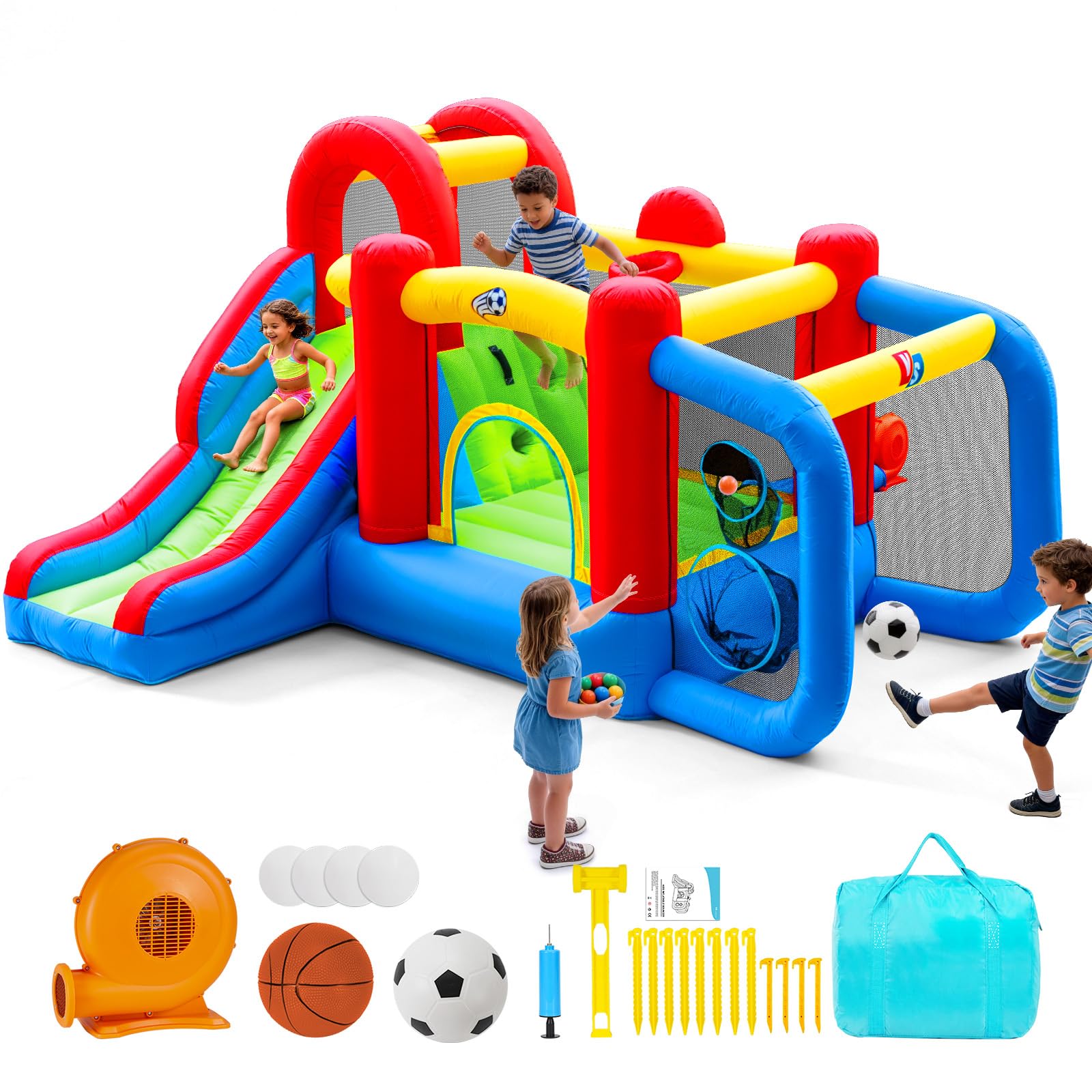 Inflatable Bounce House for Kids | 6 in 1 Play Mode Inflatable Jump House, Outdoor/Indoor Bouncy House with Blower, Jump Bounce House with Slide