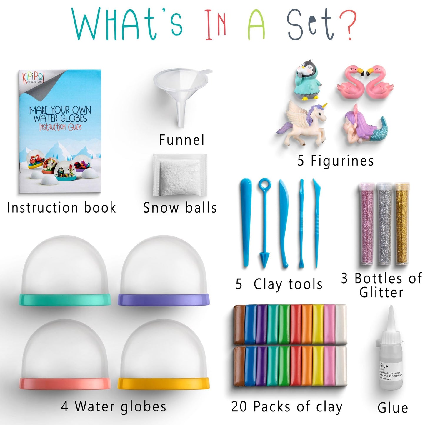 Kipipol Snow Globe Making Kit for Kids - Make Your Own Snow Globes for Girls w/ 4 DIY Snowglobe, 5 Figures, 20 Packs of Modeling Clay for Kids