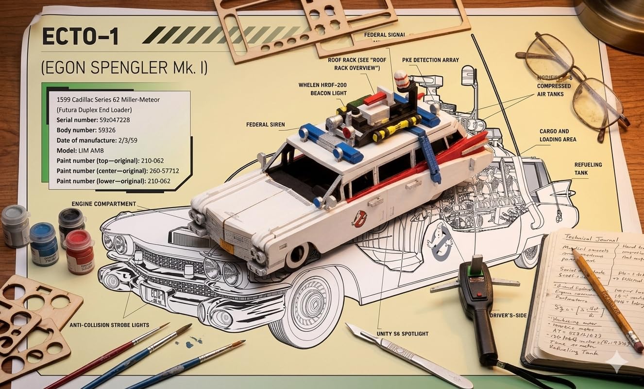 IncrediBuilds Ghostbusters Ectomobile 3D Wood Puzzle & Model Vehicle Figure Kit (137 Pcs) Build & Paint 3-D Movie Replica Ecto-1 Car Toy - No Glue or