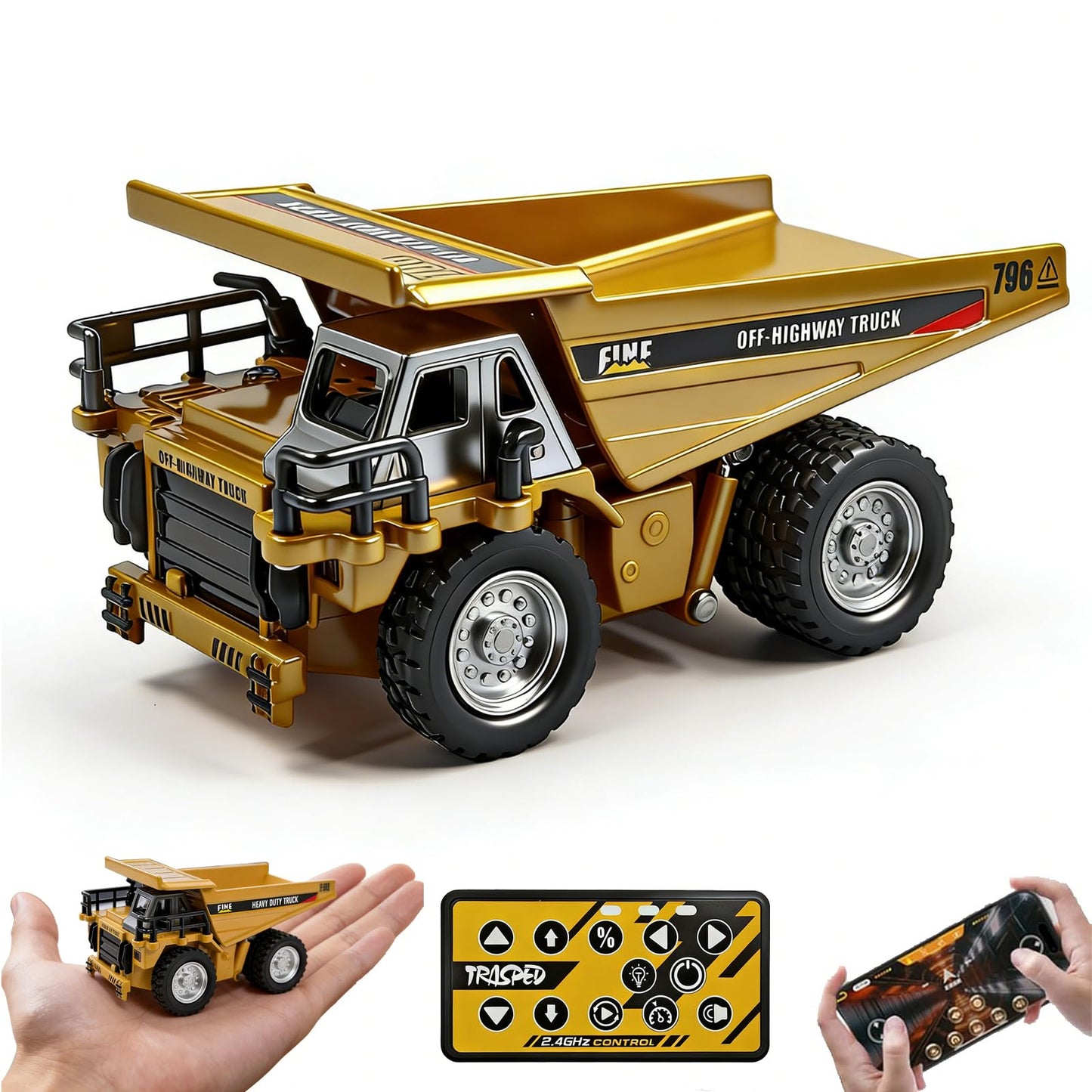 PLIXYRCPL 1:64 Mini RC Dump Truck Toy, Alloy Metal Construction Vehicle with App & Remote Dual Control, Variable Speed, LED Lights & Sound, RC