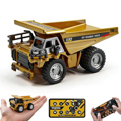 PLIXYRCPL 1:64 Mini RC Dump Truck Toy, Alloy Metal Construction Vehicle with App & Remote Dual Control, Variable Speed, LED Lights & Sound, RC