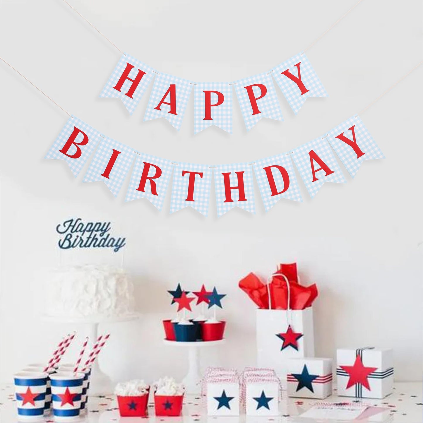 Blue and red Happy Birthday Banner - Happy 1st Birthday decorations, Blue Gingham with Red Letters Happy Birthday Banner
