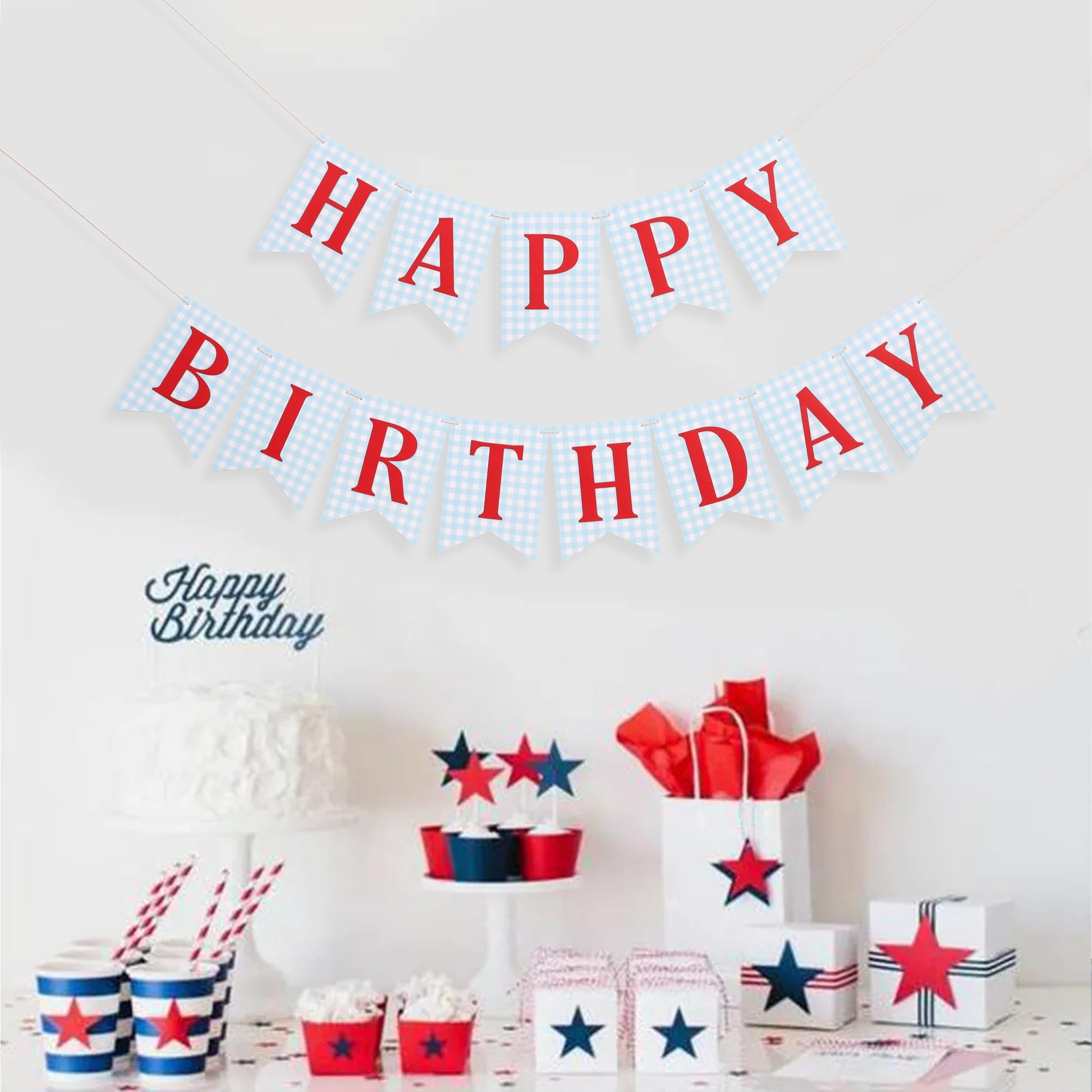Blue and red Happy Birthday Banner - Happy 1st Birthday decorations, Blue Gingham with Red Letters Happy Birthday Banner