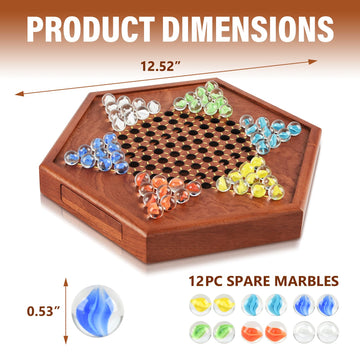 12.7 Inches Wooden Chinese Checkers Set with Storage Drawer -60 Glass Marbles in 6 Colors -12 Bonus Spare Marbles| Chinese Checkers Board Game