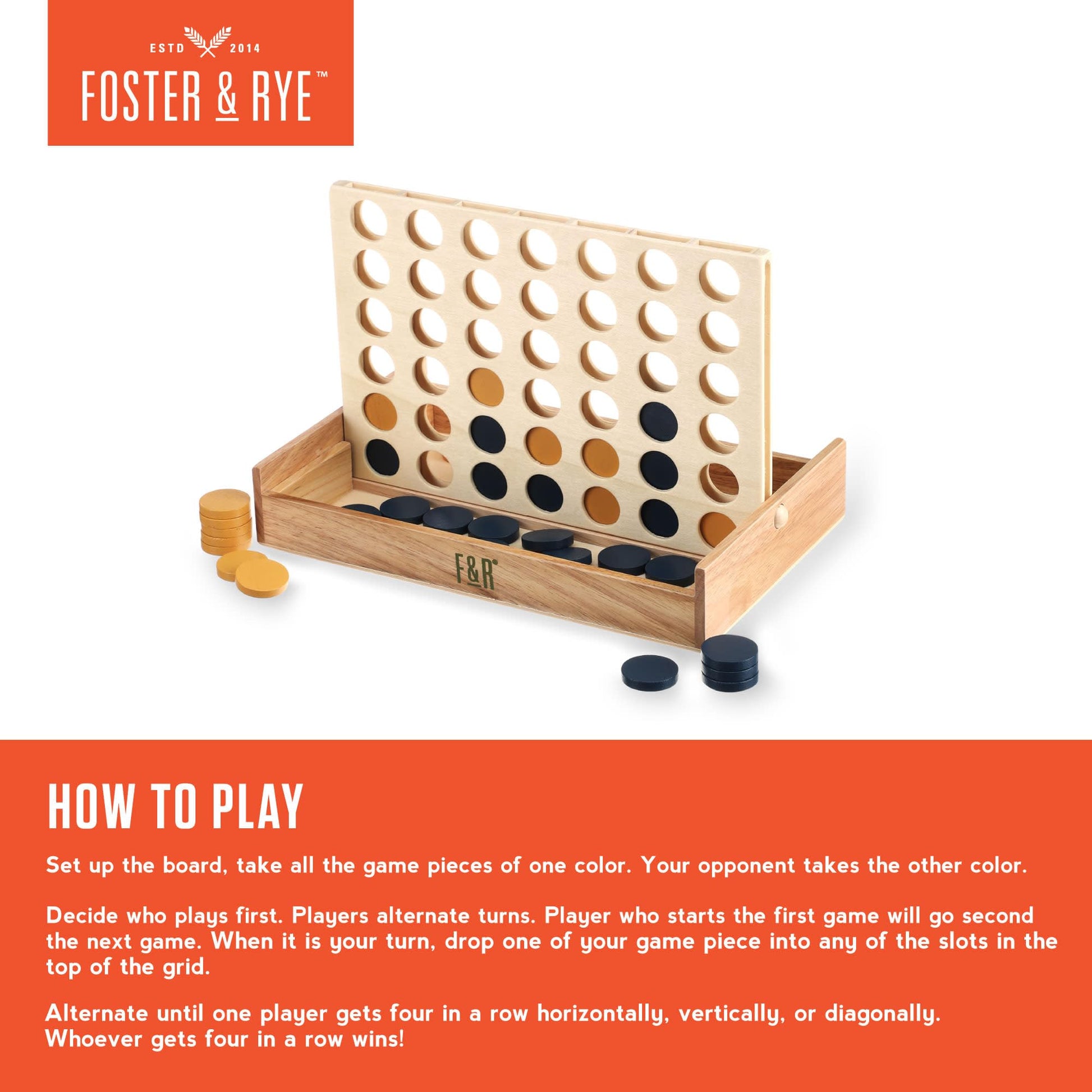Foster & Rye Four and Win - Classic Board Game, Games for 2 Players Vintage Wood Design - Board Game Tabletop