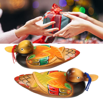 Fnskatzici 2Pcs Wooden Mandarin Duck Statues - Hand Painted Feng Shui Decor for Love & Fidelity - 8.7 Inch Large Asian Art Figurines - Great Wedding &